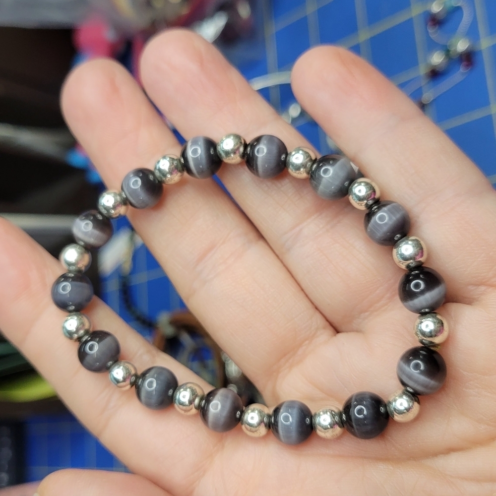 Gray & Silver Tone Beaded Stretch Bracelet